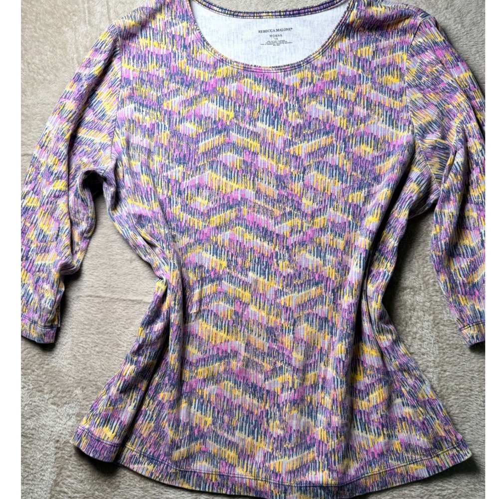 Rebecca Malone Woman 1X Multi Color Abstract Chevron‎ 3/4 Sleeve Basics